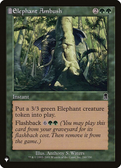 Create a 3/3 green Elephant creature token.
Flashback {6}{G}{G} (You may cast this card from your graveyard for its flashback cost. Then exile it.)