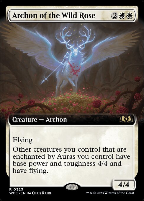 Flying
Other creatures you control that are enchanted by Auras you control have base power and toughness 4/4 and have flying.