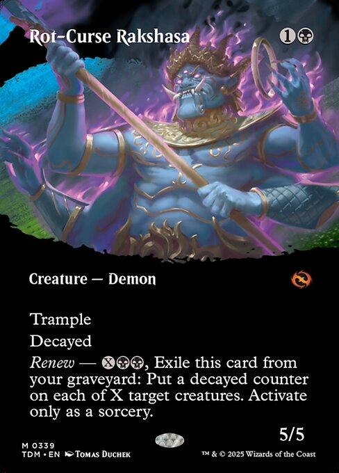 Trample
Decayed (This creature can't block. When it attacks, sacrifice it at end of combat.)
Renew — {X}{B}{B}, Exile this card from your graveyard: Put a decayed counter on each of X target creatures. Activate only as a sorcery.