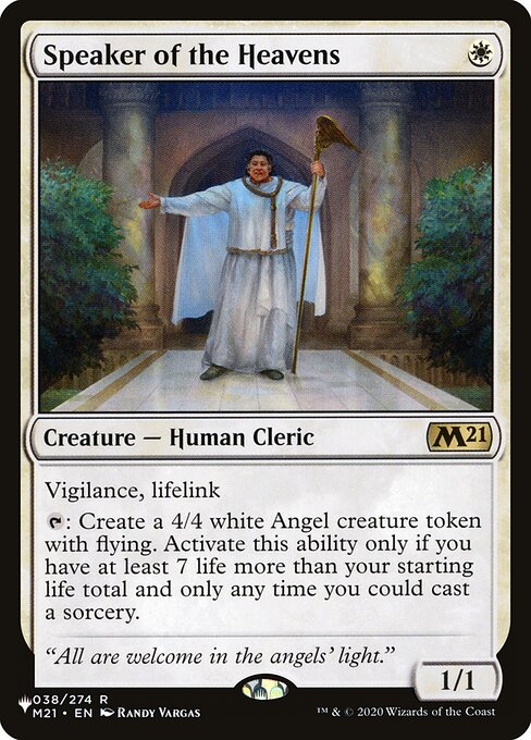 Vigilance, lifelink
{T}: Create a 4/4 white Angel creature token with flying. Activate only if you have at least 7 life more than your starting life total and only as a sorcery.