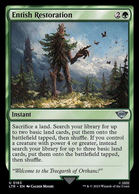 Sacrifice a land. Search your library for up to two basic land cards, put them onto the battlefield tapped, then shuffle. If you control a creature with power 4 or greater, instead search your library for up to three basic land cards, put them onto the battlefield tapped, then shuffle.