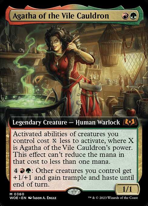 Activated abilities of creatures you control cost {X} less to activate, where X is Agatha of the Vile Cauldron's power. This effect can't reduce the mana in that cost to less than one mana.
{4}{R}{G}: Other creatures you control get +1/+1 and gain trample and haste until end of turn.