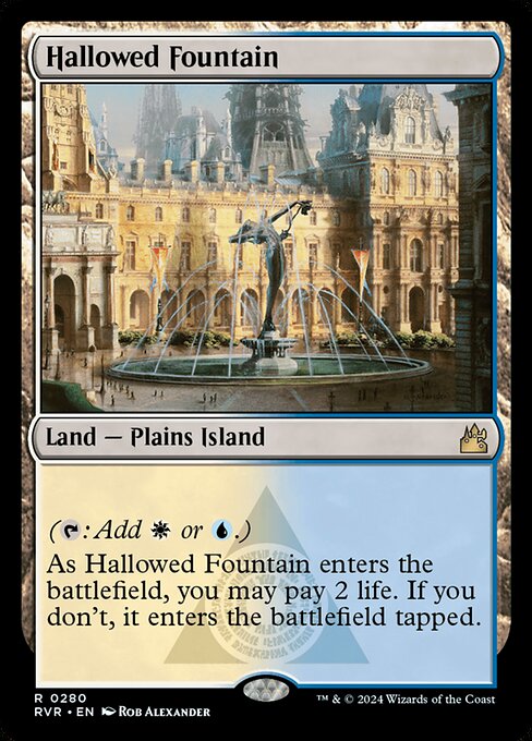 ({T}: Add {W} or {U}.)
As Hallowed Fountain enters the battlefield, you may pay 2 life. If you don't, it enters the battlefield tapped.