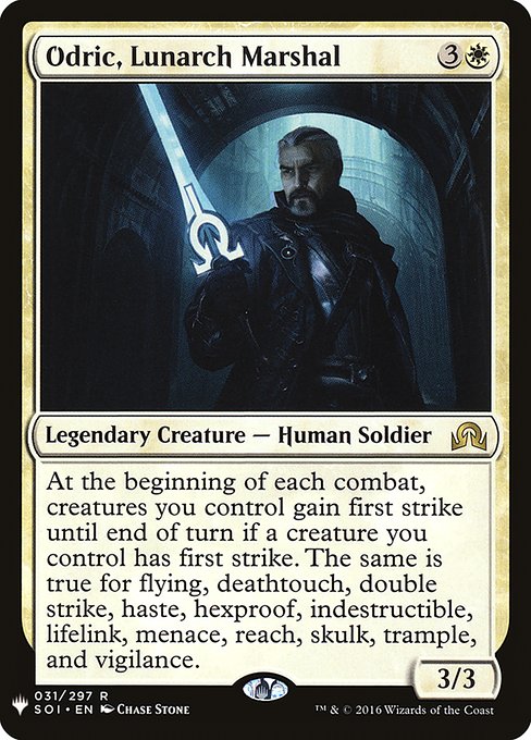 At the beginning of each combat, creatures you control gain first strike until end of turn if a creature you control has first strike. The same is true for flying, deathtouch, double strike, haste, hexproof, indestructible, lifelink, menace, reach, skulk, trample, and vigilance.