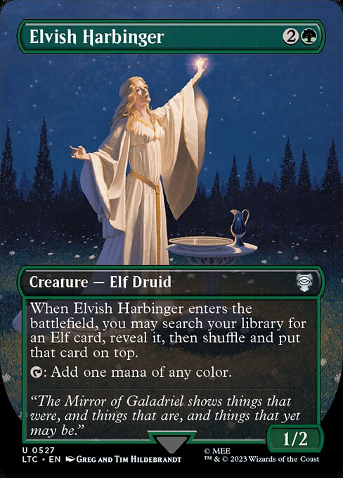 When Elvish Harbinger enters the battlefield, you may search your library for an Elf card, reveal it, then shuffle and put that card on top.
{T}: Add one mana of any color.