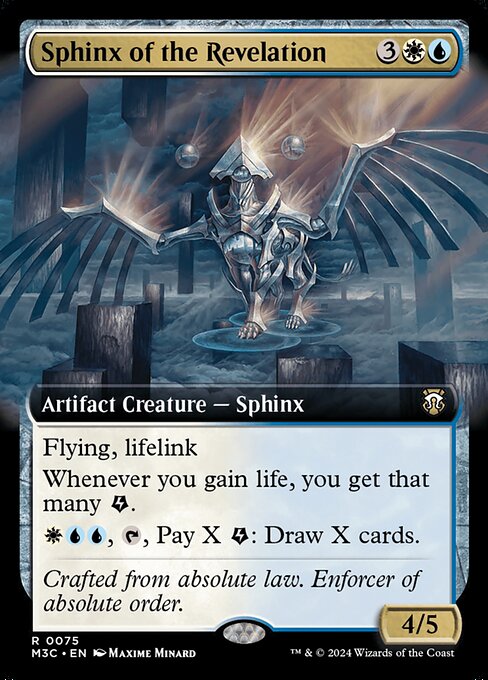 Flying, lifelink
Whenever you gain life, you get that many {E} (energy counters).
{W}{U}{U}, {T}, Pay X {E}: Draw X cards.