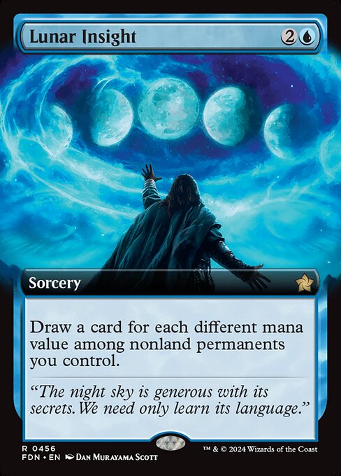 Draw a card for each different mana value among nonland permanents you control.