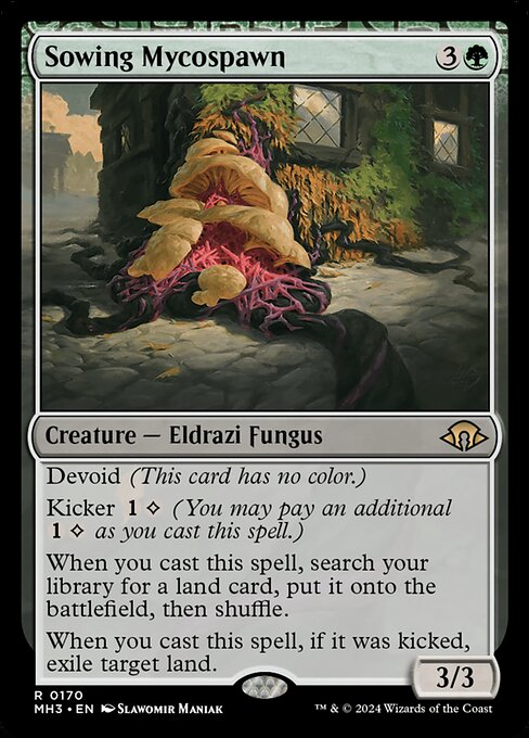 Devoid (This card has no color.)
Kicker {1}{C} (You may pay an additional {1}{C} as you cast this spell.)
When you cast this spell, search your library for a land card, put it onto the battlefield, then shuffle.
When you cast this spell, if it was kicked, exile target land.