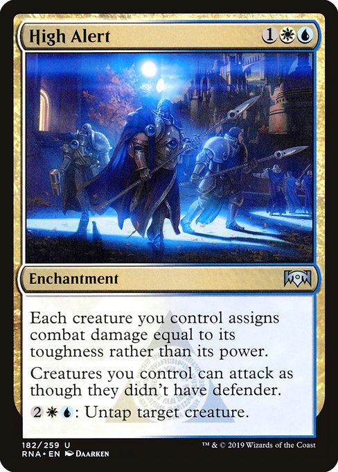 Each creature you control assigns combat damage equal to its toughness rather than its power.
Creatures you control can attack as though they didn't have defender.
{2}{W}{U}: Untap target creature.