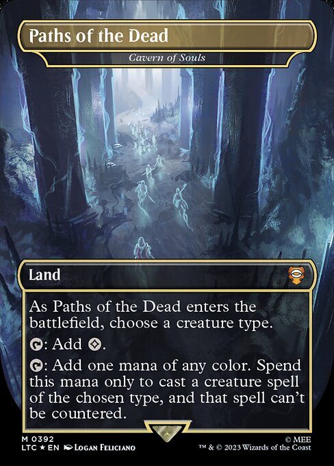 As Cavern of Souls enters, choose a creature type.
{T}: Add {C}.
{T}: Add one mana of any color. Spend this mana only to cast a creature spell of the chosen type, and that spell can't be countered.