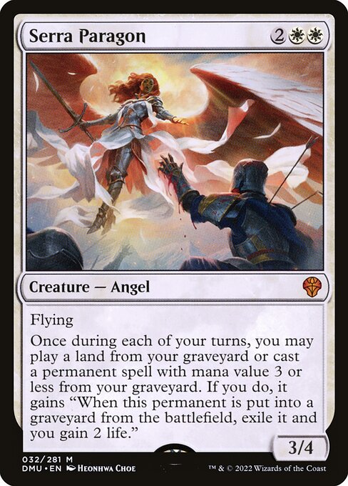 Flying
Once during each of your turns, you may play a land from your graveyard or cast a permanent spell with mana value 3 or less from your graveyard. If you do, it gains "When this permanent is put into a graveyard from the battlefield, exile it and you gain 2 life."