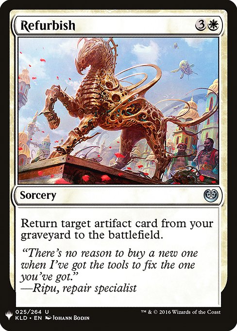Return target artifact card from your graveyard to the battlefield.
