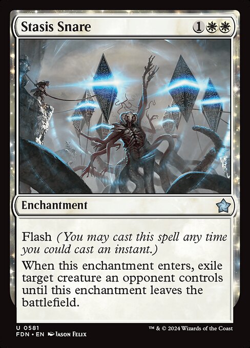 Flash (You may cast this spell any time you could cast an instant.)
When this enchantment enters, exile target creature an opponent controls until this enchantment leaves the battlefield.