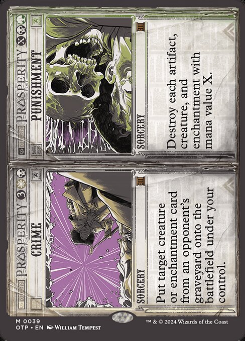 Put target creature or enchantment card from an opponent's graveyard onto the battlefield under your control.   Destroy each artifact, creature, and enchantment with mana value X.