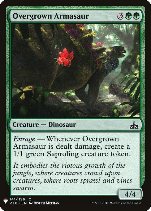 Enrage — Whenever Overgrown Armasaur is dealt damage, create a 1/1 green Saproling creature token.