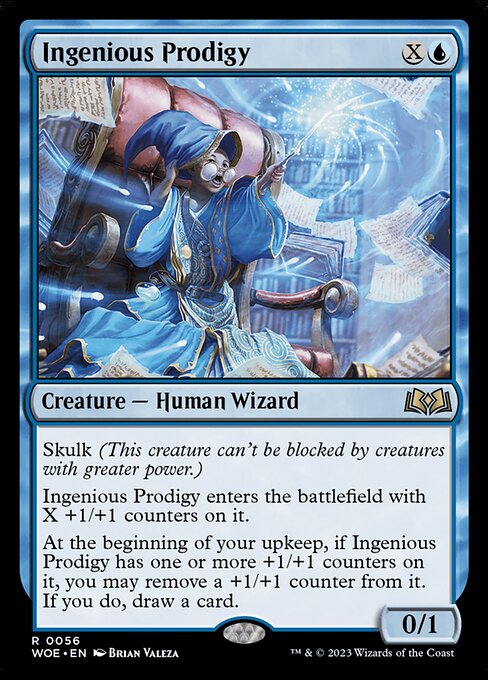 Skulk (This creature can't be blocked by creatures with greater power.)
Ingenious Prodigy enters the battlefield with X +1/+1 counters on it.
At the beginning of your upkeep, if Ingenious Prodigy has one or more +1/+1 counters on it, you may remove a +1/+1 counter from it. If you do, draw a card.