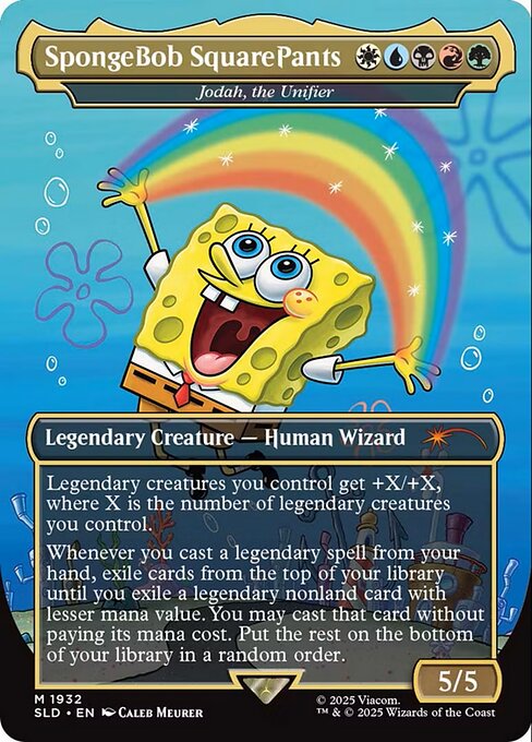 Legendary creatures you control get +X/+X, where X is the number of legendary creatures you control.
Whenever you cast a legendary spell from your hand, exile cards from the top of your library until you exile a legendary nonland card with lesser mana value. You may cast that card without paying its mana cost. Put the rest on the bottom of your library in a random order.