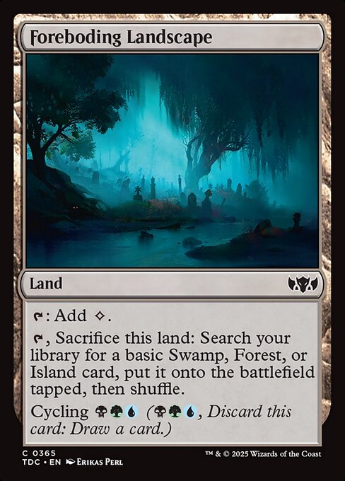 {T}: Add {C}.
{T}, Sacrifice this land: Search your library for a basic Swamp, Forest, or Island card, put it onto the battlefield tapped, then shuffle.
Cycling {B}{G}{U} ({B}{G}{U}, Discard this card: Draw a card.)