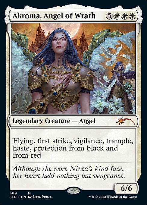 Flying, first strike, vigilance, trample, haste, protection from black and from red