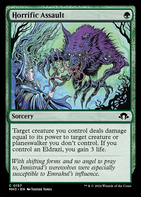 Target creature you control deals damage equal to its power to target creature or planeswalker you don't control. If you control an Eldrazi, you gain 3 life.