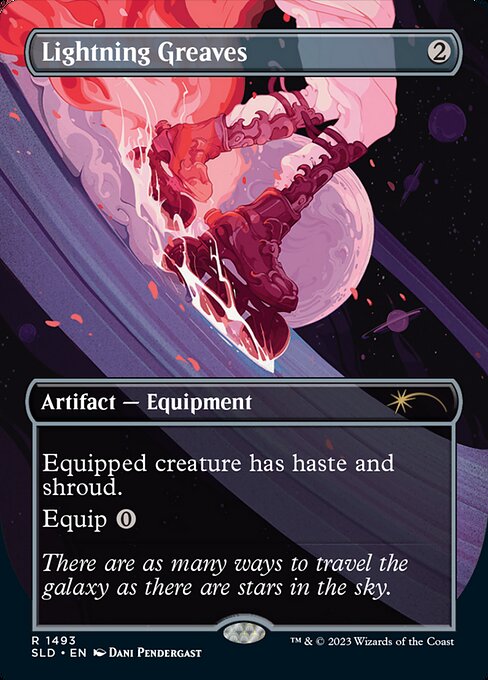 Equipped creature has haste and shroud. (It can't be the target of spells or abilities.)
Equip {0}