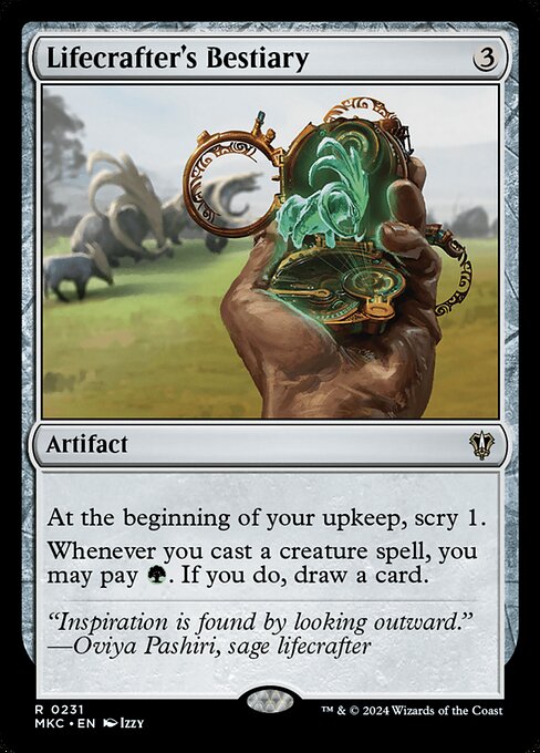 At the beginning of your upkeep, scry 1.
Whenever you cast a creature spell, you may pay {G}. If you do, draw a card.