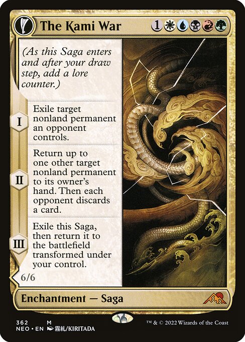 (As this Saga enters and after your draw step, add a lore counter.)
I — Exile target nonland permanent an opponent controls.
II — Return up to one other target nonland permanent to its owner's hand. Then each opponent discards a card.
III — Exile this Saga, then return it to the battlefield transformed under your control.   O-Kagachi Made Manifest is all colors.
Flying, trample
Whenever O-Kagachi Made Manifest attacks, defending player chooses a nonland card in your graveyard. Return that card t