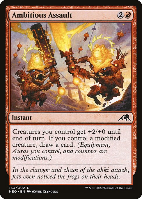Creatures you control get +2/+0 until end of turn. If you control a modified creature, draw a card. (Equipment, Auras you control, and counters are modifications.)