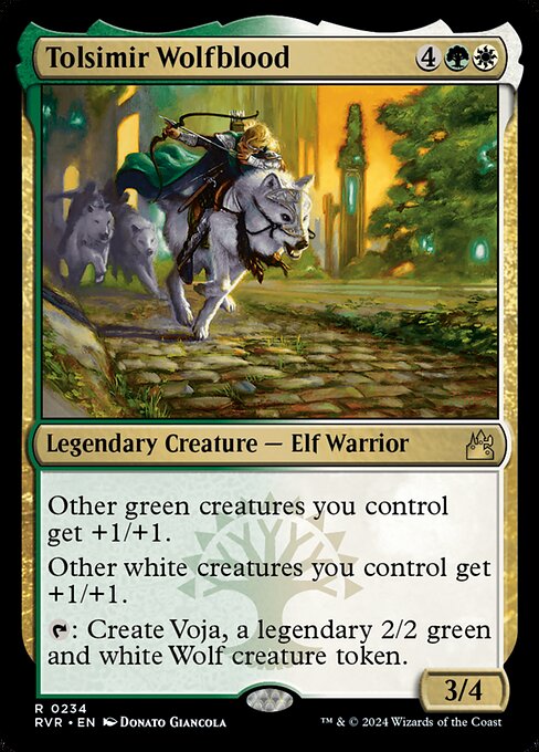 Other green creatures you control get +1/+1.
Other white creatures you control get +1/+1.
{T}: Create Voja, a legendary 2/2 green and white Wolf creature token.