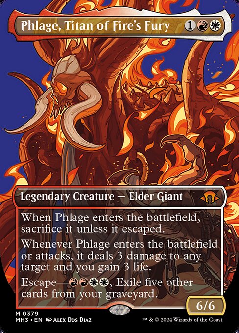 When Phlage enters the battlefield, sacrifice it unless it escaped.
Whenever Phlage enters the battlefield or attacks, it deals 3 damage to any target and you gain 3 life.
Escape—{R}{R}{W}{W}, Exile five other cards from your graveyard. (You may cast this card from your graveyard for its escape cost.)
