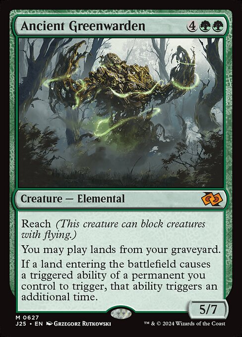 Reach (This creature can block creatures with flying.)
You may play lands from your graveyard.
If a land entering the battlefield causes a triggered ability of a permanent you control to trigger, that ability triggers an additional time.