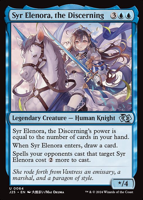 Syr Elenora, the Discerning's power is equal to the number of cards in your hand.
When Syr Elenora enters, draw a card.
Spells your opponents cast that target Syr Elenora cost {2} more to cast.