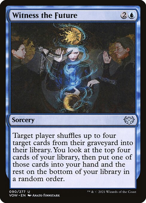 Target player shuffles up to four target cards from their graveyard into their library. You look at the top four cards of your library, then put one of those cards into your hand and the rest on the bottom of your library in a random order.