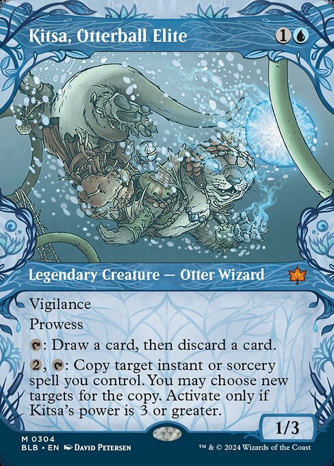 Vigilance
Prowess (Whenever you cast a noncreature spell, this creature gets +1/+1 until end of turn.)
{T}: Draw a card, then discard a card.
{2}, {T}: Copy target instant or sorcery spell you control. You may choose new targets for the copy. Activate only if Kitsa's power is 3 or greater.
