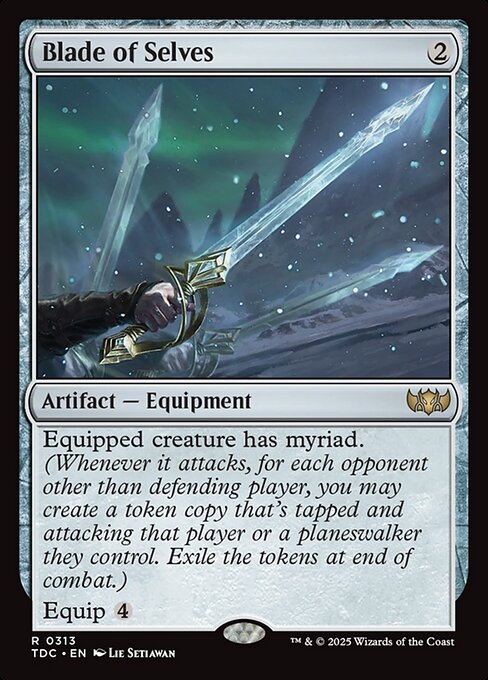 Equipped creature has myriad. (Whenever it attacks, for each opponent other than defending player, you may create a token copy that's tapped and attacking that player or a planeswalker they control. Exile the tokens at end of combat.)
Equip {4}