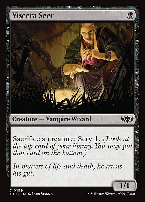 Sacrifice a creature: Scry 1. (Look at the top card of your library. You may put that card on the bottom.)