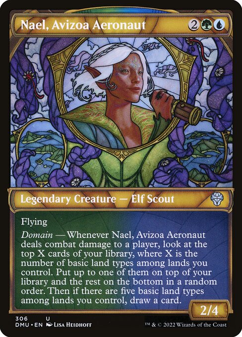 Flying
Domain — Whenever Nael, Avizoa Aeronaut deals combat damage to a player, look at the top X cards of your library, where X is the number of basic land types among lands you control. Put up to one of them on top of your library and the rest on the bottom in a random order. Then if there are five basic land types among lands you control, draw a card.