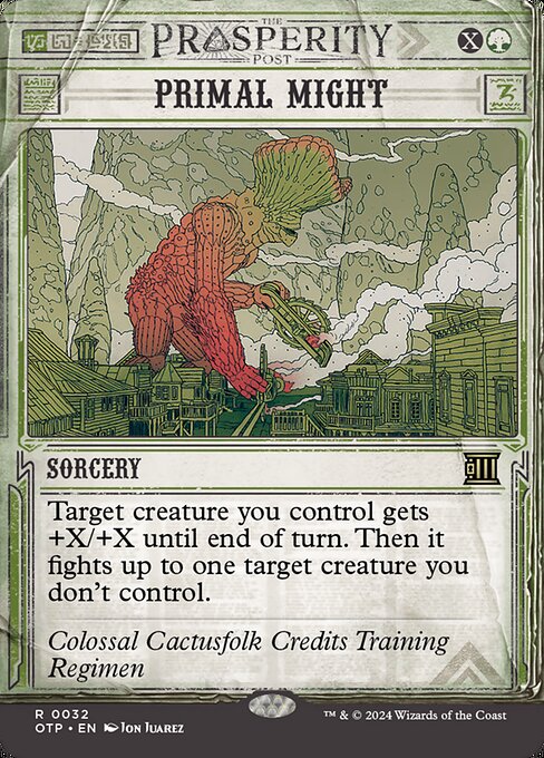 Target creature you control gets +X/+X until end of turn. Then it fights up to one target creature you don't control.