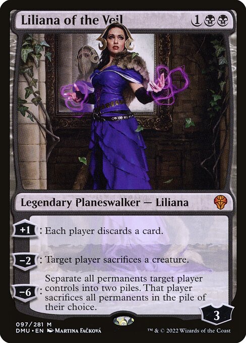 +1: Each player discards a card.
−2: Target player sacrifices a creature.
−6: Separate all permanents target player controls into two piles. That player sacrifices all permanents in the pile of their choice.