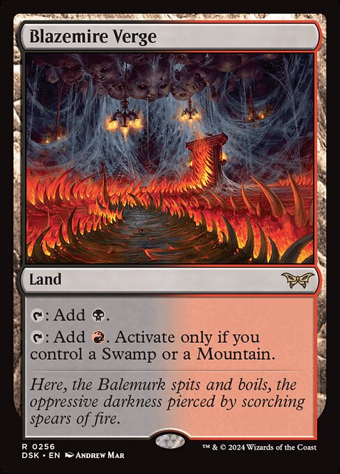 {T}: Add {B}.
{T}: Add {R}. Activate only if you control a Swamp or a Mountain.