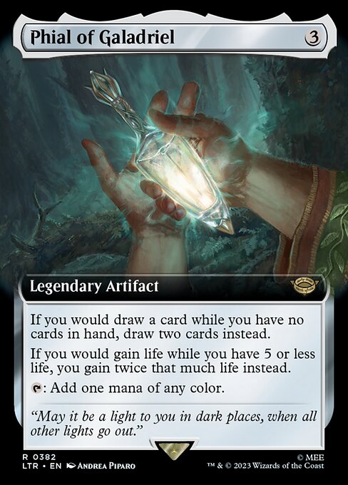 If you would draw a card while you have no cards in hand, draw two cards instead.
If you would gain life while you have 5 or less life, you gain twice that much life instead.
{T}: Add one mana of any color.