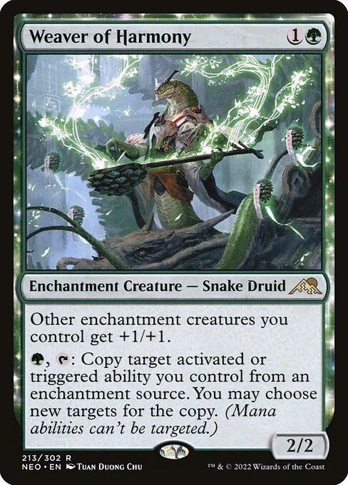 Other enchantment creatures you control get +1/+1.
{G}, {T}: Copy target activated or triggered ability you control from an enchantment source. You may choose new targets for the copy. (Mana abilities can't be targeted.)