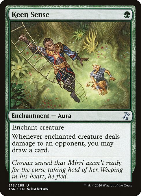 Enchant creature
Whenever enchanted creature deals damage to an opponent, you may draw a card.