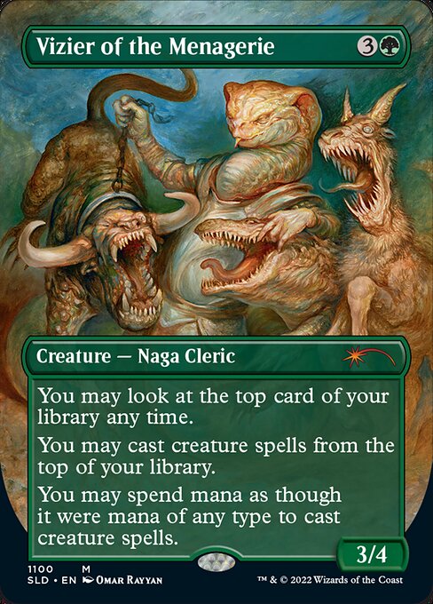 You may look at the top card of your library any time.
You may cast creature spells from the top of your library.
You can spend mana of any type to cast creature spells.