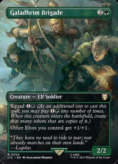 Squad {1}{G} (As an additional cost to cast this spell, you may pay {1}{G} any number of times. When this creature enters the battlefield, create that many tokens that are copies of it.)
Other Elves you control get +1/+1.