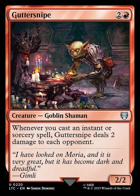 Whenever you cast an instant or sorcery spell, Guttersnipe deals 2 damage to each opponent.