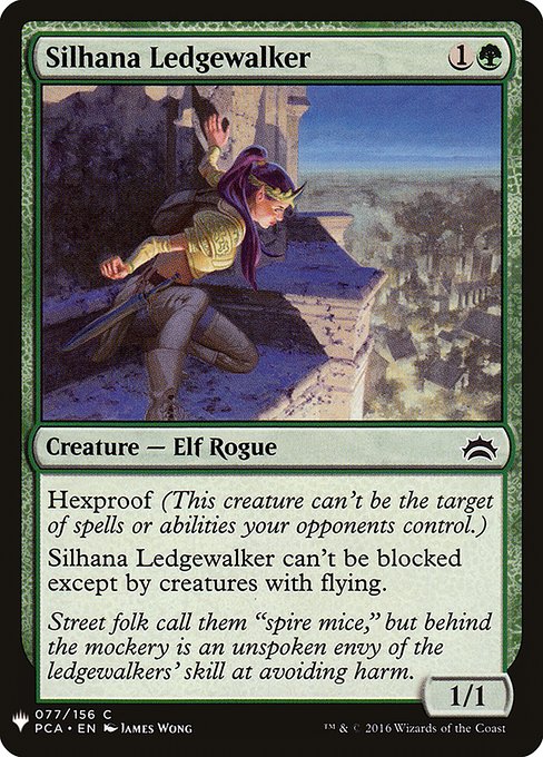 Hexproof (This creature can't be the target of spells or abilities your opponents control.)
Silhana Ledgewalker can't be blocked except by creatures with flying.