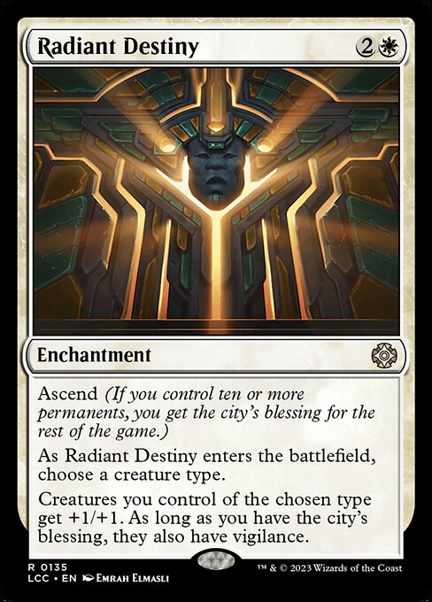 Ascend (If you control ten or more permanents, you get the city's blessing for the rest of the game.)
As this enchantment enters, choose a creature type.
Creatures you control of the chosen type get +1/+1. As long as you have the city's blessing, they also have vigilance.