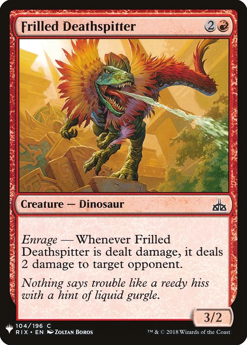 Enrage — Whenever Frilled Deathspitter is dealt damage, it deals 2 damage to target opponent or planeswalker.