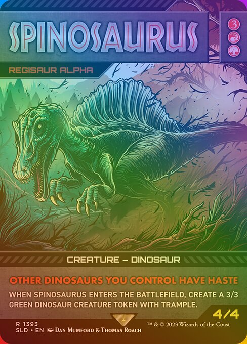 Other Dinosaurs you control have haste.
When Regisaur Alpha enters the battlefield, create a 3/3 green Dinosaur creature token with trample.